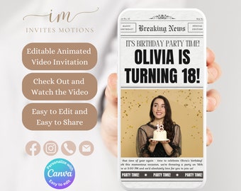 Newspaper Birthday Video Invitation: Breaking News Party (Editable Template)