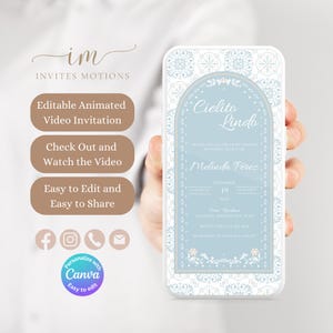 Może przedstawiać: Animowane wideo-zaproszenie na baby shower w kolorze niebieskim i białym. Zaproszenie zawiera ozdobny łuk z tekstem "Cielito Linda" i "Melinda Pérez". Zaproszenie zawiera również datę i godzinę wydarzenia, a także adres.
