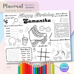 Pattini a rotelle, compleanno, tovaglietta da colorare, giochi di società, attività per bambini, tovagliette per pattinaggio a rotelle, foglio a colori per festa su pattini a rotelle, pagina stampabile
