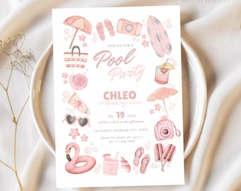 Pool Party Birthday Invitation, Beach Party Invite, Summer Birthday Party, Swimming Party Invitation, Pink Pool Party Invite, Girl Birthday