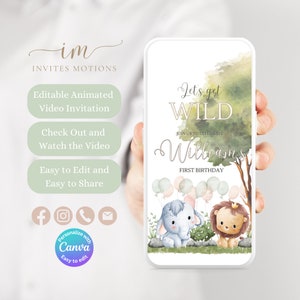 May include: A digital invitation for a first birthday party with a watercolour background of a green tree and a blue elephant and a lion with a crown. The text reads "Let's get WILD" and "Join us to celebrate William's First Birthday".