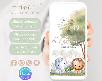 Invitación en vídeo editable de animales de Safari para invitación digital de fiesta en la jungla Plantilla de invitación de mensaje de texto para fiesta de cumpleaños de animales de Safari BSA1