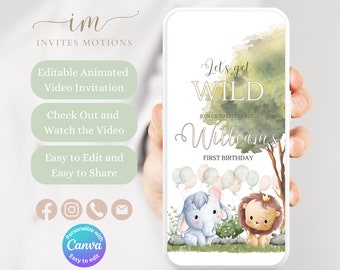 Editable Safari Animals Video Invitation for Jungle Party Digital Invite Safari Animals Birthday Party Text Message Invite Template BSA1