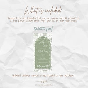 May include: A digital invitation template with a sage green and white floral design. The text includes the words "Cuette Lindo" and "Melada Perez". The image also includes the text "What is included?" and "1225x2580 pixel".