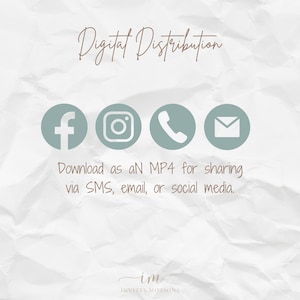 May include: A digital distribution graphic featuring light teal icons for Facebook, Instagram, a phone, and an email. Text includes "Digital Distribution" and "Download as an MP4 for sharing via SMS, email, or social media."