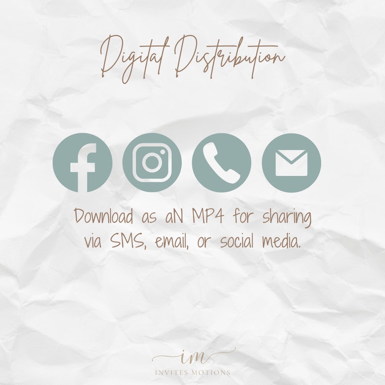 May include: A digital distribution graphic featuring light teal icons for Facebook, Instagram, a phone, and an email. Text includes "Digital Distribution" and "Download as an MP4 for sharing via SMS, email, or social media."