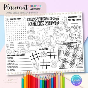 Under the Sea Birthday Coloring Placemat Party Games Children Activity Sea Creature Placemats Color Sheet Sea Animals Printable Page Sheets