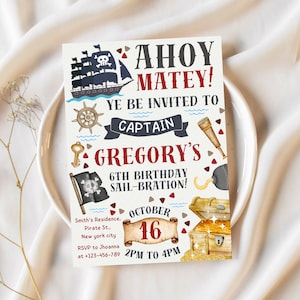 Faire-part d'anniversaire pirate, fête capitaine pirate modifiable, faire-part d'anniversaire Ahoy Matey, invitation de fête d'anniversaire pirates