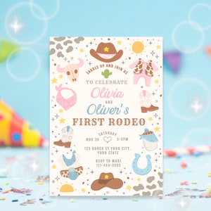 May include: A colorful invitation for a first rodeo party with a cowboy hat, boots, and other western-themed illustrations. The invitation is for Olivia and Oliver's First Rodeo, on Saturday, November 30th, from 3-5pm. RSVP to Madi at 111-444-5555.