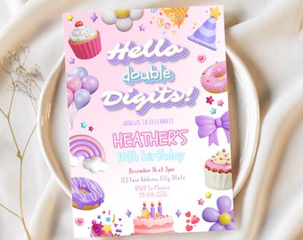 May include: A pink and purple birthday invitation with the text "Hello double Digits!" and "Heather's 10th birthday". The invitation features a rainbow, cupcakes, donuts, and a birthday cake.