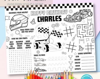 Race Car Birthday Coloring Placemat Party Games Children Activity Racing Cars Placemats Color Sheet Race Flag Party Printable Page