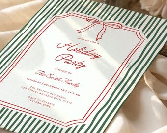 May include: A rectangular holiday party invitation card featuring a white center with a red decorative border and a red bow at the top. The background has green and white vertical stripes. The text reads: Join us for a Holiday Party, hosted by The Smith Family, Saturday, December 19 at 5 PM, The Smith's residence, 123 Street Address City, State, RSVP to Frankie 111-444-5555.