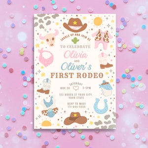 May include: A colorful invitation for a first rodeo party with a cowboy hat, boots, and other western themed illustrations. The invitation says "Saddle up and join us to celebrate Olivia and Oliver's First Rodeo" with the date and time of the event.