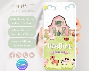 Invitación en video de la fiesta de cumpleaños de la granja para la plantilla de invitación animada de la fiesta del granero para video editable Invitación al corral de la fiesta de animales de granja GBF1