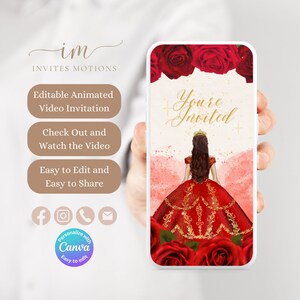 Red Quinceanera Video Invitation Red Floral Evite for Quinceanera Birthday Party Text Message Invite Template Royal Red Birthday Gown