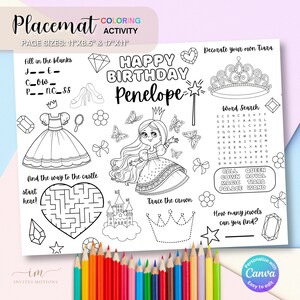 Princess Birthday Coloring Placemat, Girl Birthday Party Activity Sheet, Girl Birthday Coloring Page