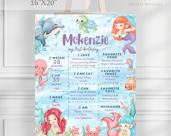 May include: A blue and purple milestone board for a baby's first birthday. The board features a mermaid, a turtle, an octopus, and a fish. The board includes information about the baby's weight, height, favourite foods, songs, and toys. The board is decorated with a blue and white watercolour background.