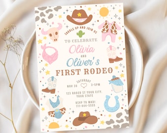 Invitation d'anniversaire de premier rodéo de jumeaux, modèle imprimable d'invitation de cow-boy de cow-boy modifiable, 1er anniversaire de rodéo de cow-boy de jumeaux