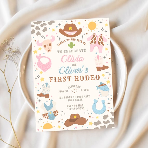 Twins First Rodeo Birthday Invitation, Editable Cowboy Cowgirl Invite Printable Template, Twins Cowgirl Cowboy Rodeo 1st Birthday Party