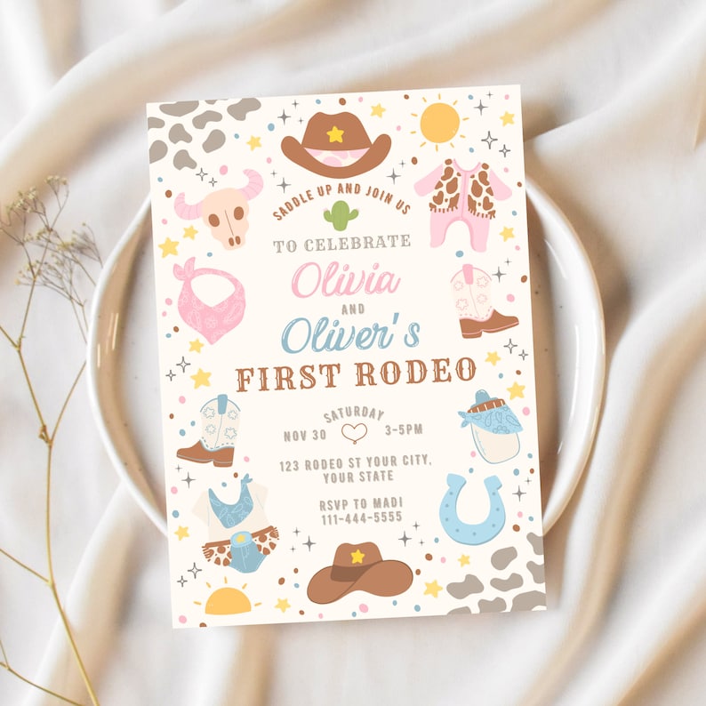 May include: A colorful invitation for a first rodeo party with a cowboy hat, boots, and other western-themed illustrations. The invitation says "Saddle up and join us to celebrate Olivia and Oliver's First Rodeo" with the date and time of the event.