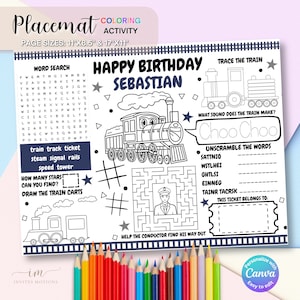 May include: A printable placemat with a train theme. It features a word search, a maze, a train to color, and a train ticket to color. The placemat is personalized with the name Sebastian and says "Happy Birthday".