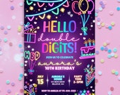 Hello Double Digits 10th Birthday Party Invitation Neon Glow Party Invite Printable Template Peace Out Single Digits Party Invitation