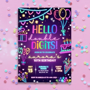 Hallo dubbele cijfers uitnodiging voor verjaardagsfeestje 10e verjaardag Neon Glow uitnodiging feest uitnodiging afdrukbare sjabloon Peace Out enkele cijfers uitnodiging voor feest