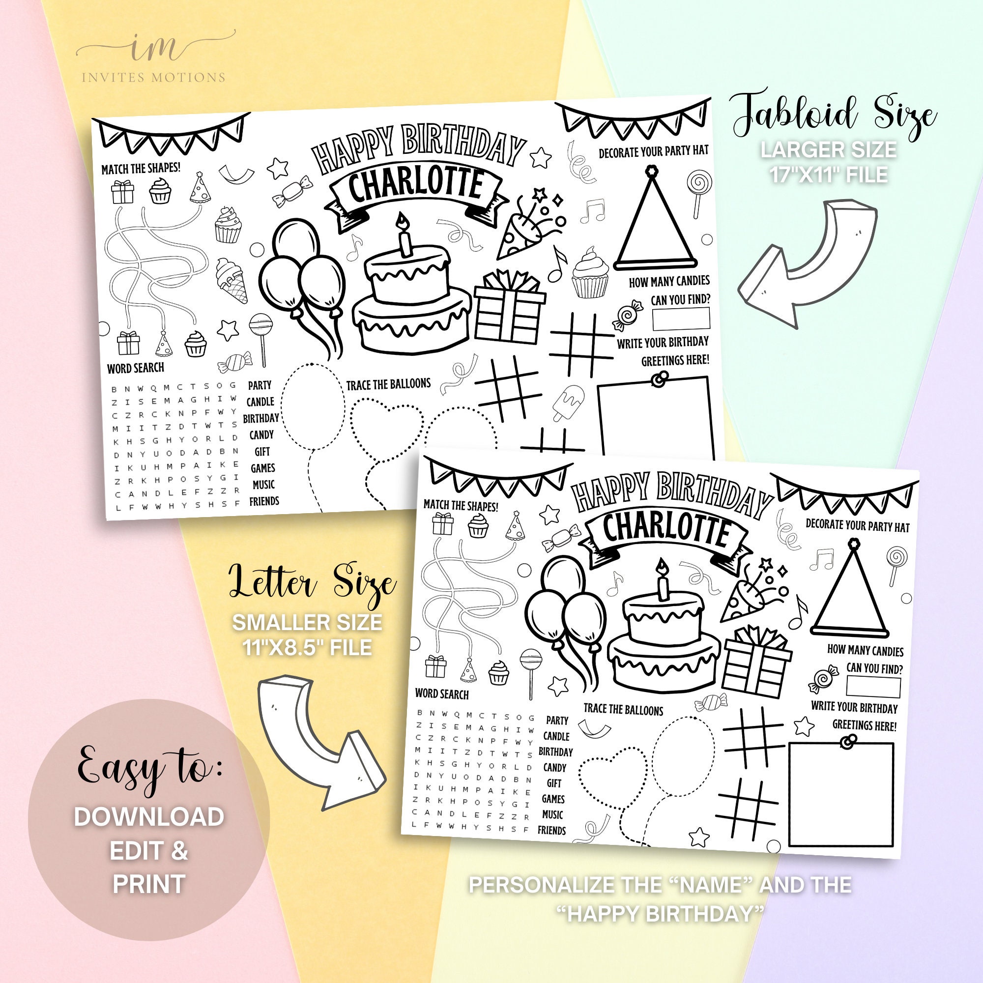 Birthday Cake Coloring Placemat Party Games Children Activity Birthday ...