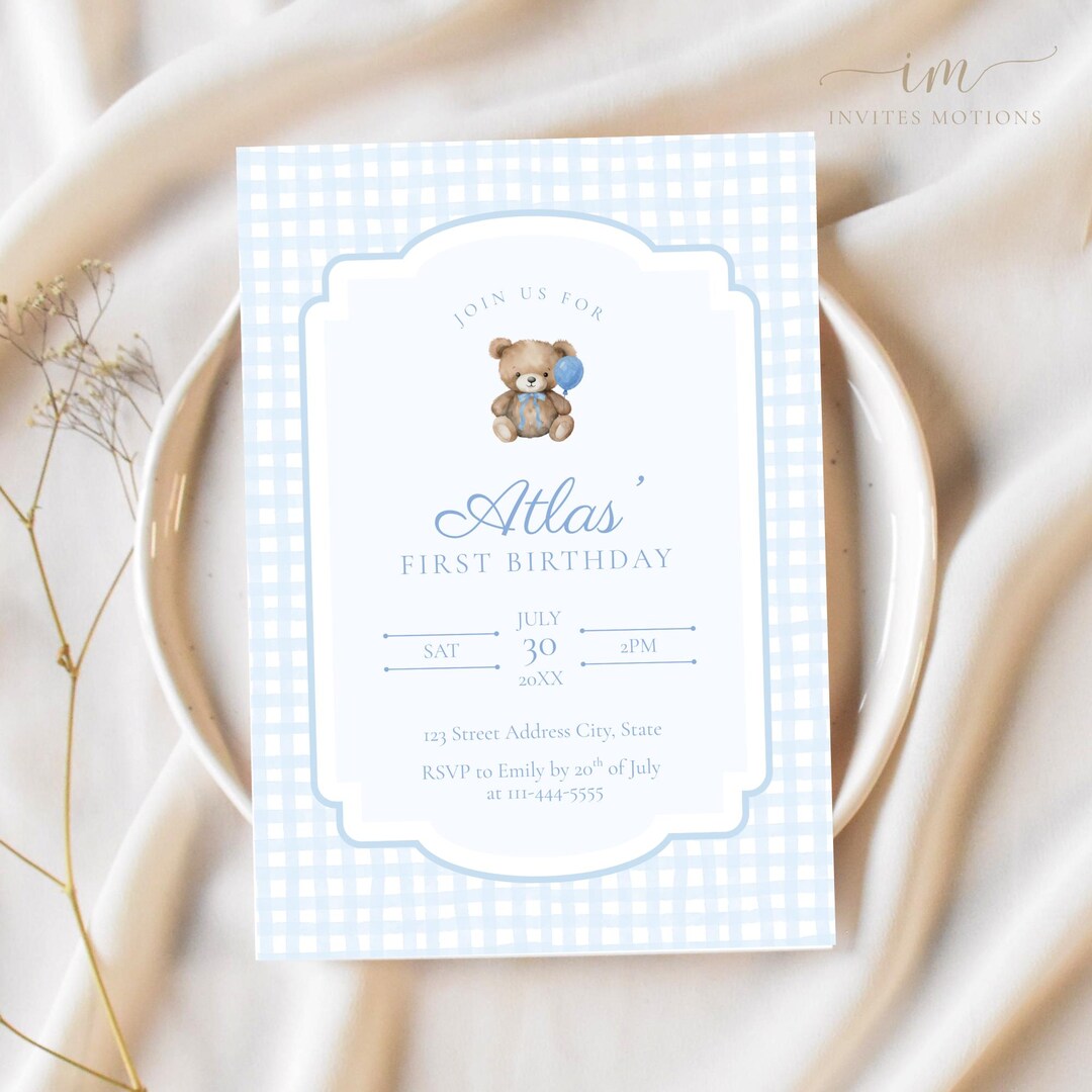 Bear Boy 1st Birthday Invitation Template, Blue Vintage Gingham Beary ...