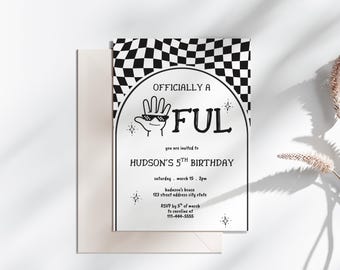 5th Birthday Invitation, Fifth Checkered Invite, Boys 5th Birthday, Handful High Five Theme
