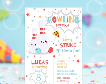 Bowling Birthday Invitation, Editable Boy Bowling Party, Bowling and Pizza Invitation, Let's Strike Up Some Fun  Birthday Party Invite