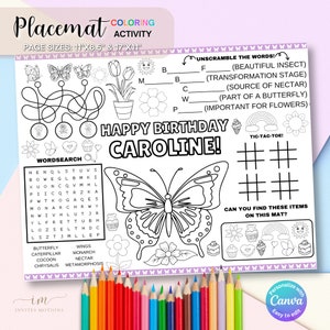 Butterfly Coloring Placemat Party Children Activity Butterfly Birthday Party Placemats Color Sheet Butterflies Party Printable Page