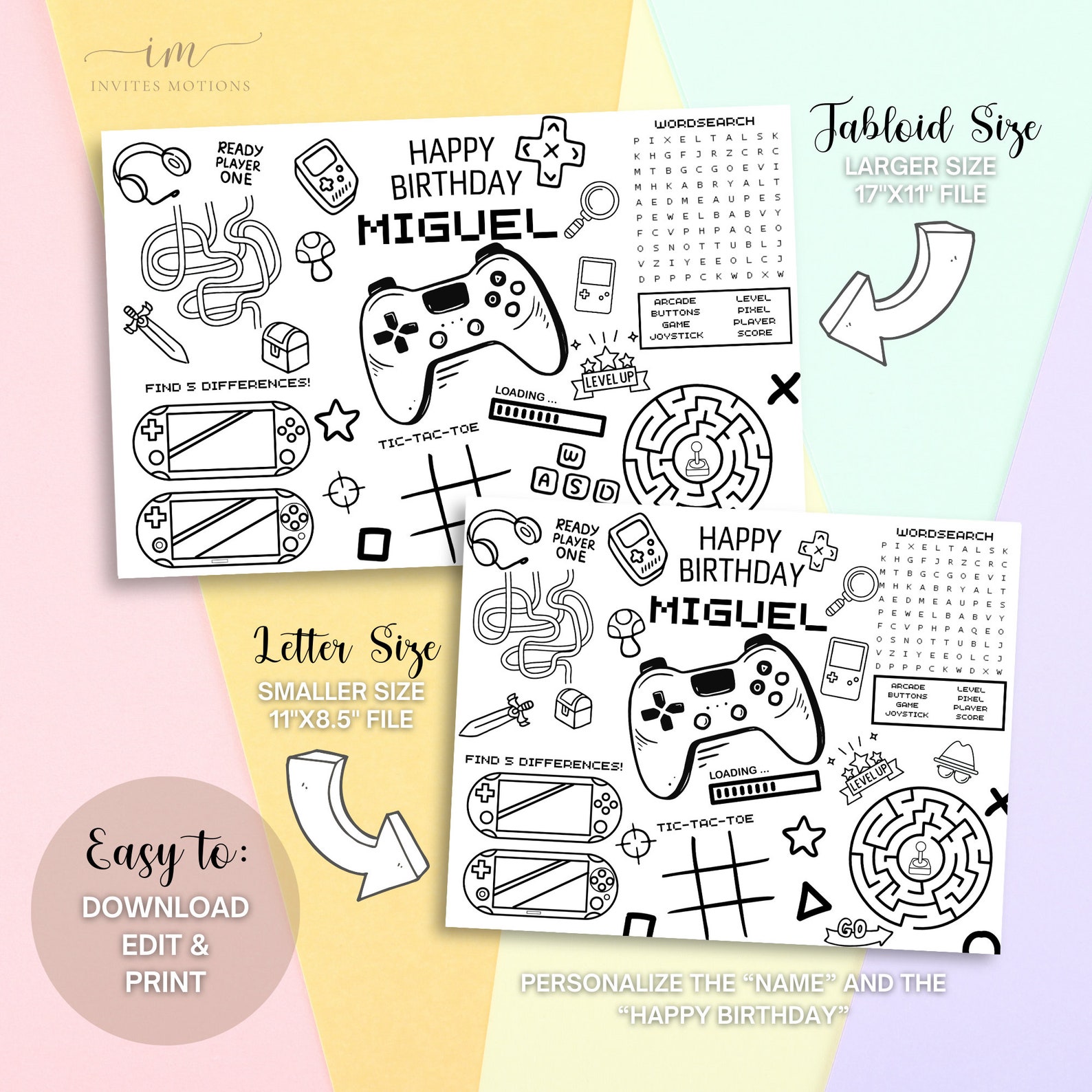 Computer Placemat Video Game Birthday Coloring Placemat Party Games Children Activity ...