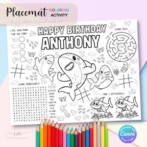 Editable Shark Birthday Coloring Placemat Party Games Children&#39;s Activity for Sharks Placemats Color Sheet Whale Shark Printable Party Game