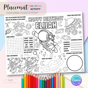 May include: A black and white printable placemat with a space theme. It features a cartoon astronaut, a rocket ship, planets, stars, and a word search puzzle. The text "Happy Birthday Elijah" is at the top of the placemat.