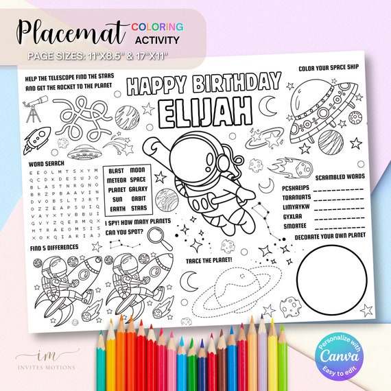 Outer space Birthday Coloring Placemat Party Games Children Activity Outer Space Placemats Color Sheet Astronaut Party Printable Page