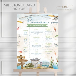 Könnte beinhalten: Ein Meilenstein-Brett für einen ersten Geburtstag mit einem Angel-Thema. Das Brett ist mit einem blauen und grünen Aquarellhintergrund verziert und zeigt eine Angelrute, einen Eimer mit Fischen und ein Schild mit der Aufschrift "Gone Fishing Again". Das Brett enthält Informationen über das Gewicht, die Größe, die Lieblingsessen, Lieder und Spielzeuge des Kindes. Der Name des Kindes, Rowan, steht oben auf dem Brett.