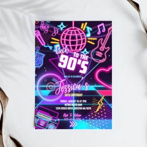 Volver a la invitación de cumpleaños de los años 90 Invitación a fiesta retro de neón Plantilla imprimible Fiesta de baile disco Invitación a fiesta de cumpleaños digital editable de los años 90