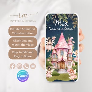 Może przedstawiać: Cyfrowe zaproszenie na przyjęcie urodzinowe z różowym zamkiem i wróżkami. Tekst brzmi "Mia kończy jedenaście lat".