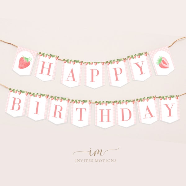 Printable Gingham Berry First Birthday Banner for Strawberry Theme Party Banner Pink Happy Birthday Banner Instant Download Printable GBF1