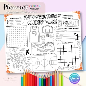 Tovaglietta da colorare per compleanno di basket, attività per bambini, festa, gioco di basket, tovagliette per feste, foglio a colori, pagina stampabile per festa di basket
