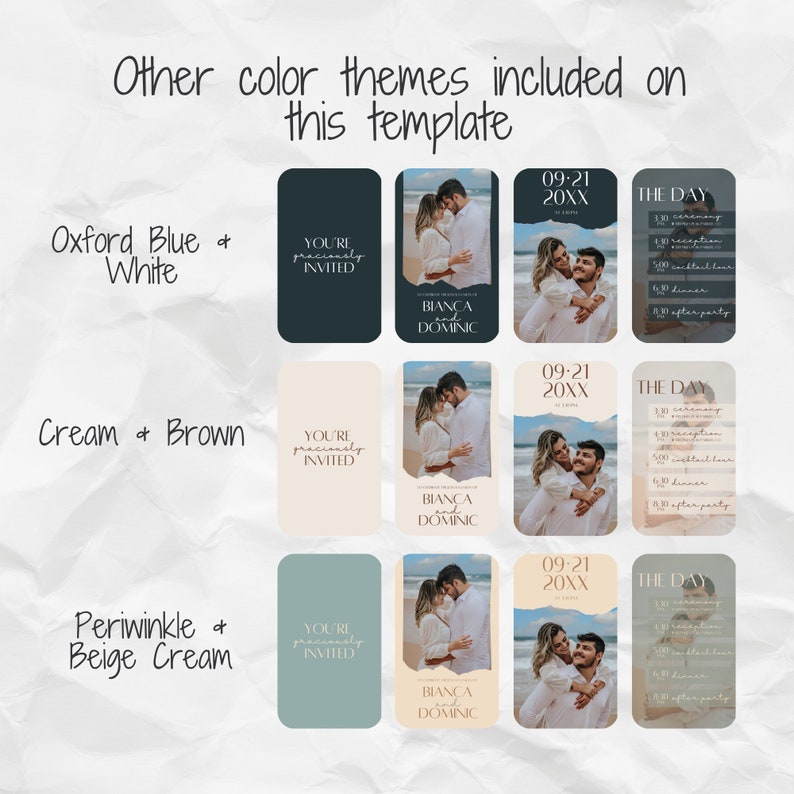 Puede incluir: Tres plantillas de invitaci&oacute;n de boda con diferentes esquemas de color: azul Oxford y blanco, crema y marr&oacute;n, y azul periwinkle y crema beige. Cada plantilla presenta una foto de una pareja, el texto "Est&aacute;n cordialmente invitados", los nombres de la pareja, as&iacute; como una fecha y hora de la boda. Las plantillas tambi&eacute;n incluyen un programa de los eventos del d&iacute;a de la boda.
