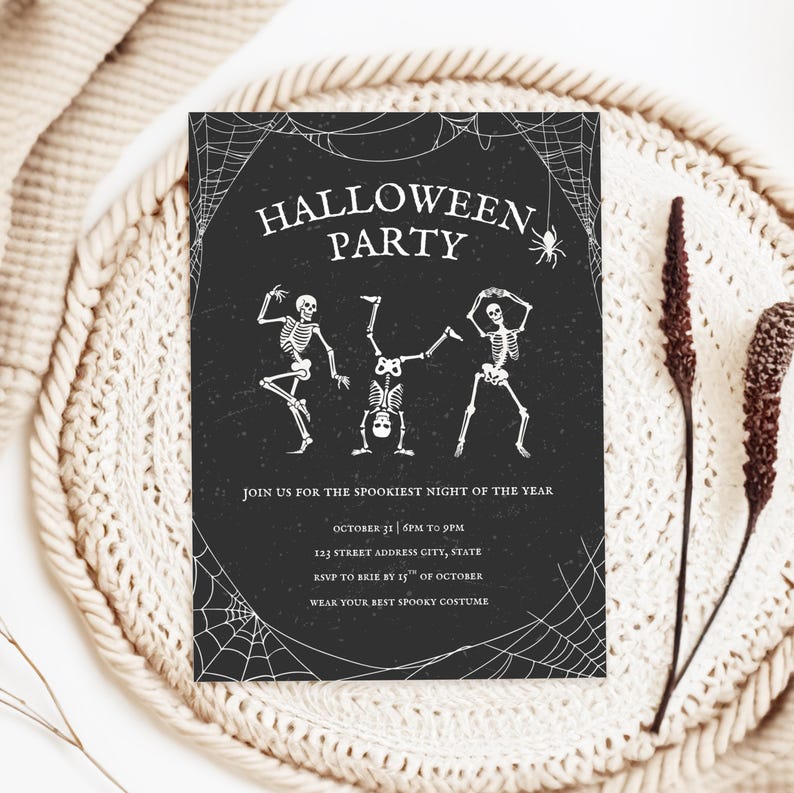 Skeleton Halloween Party Invitation, Spooky Costume Party Invite, Editable Trick or Treat Invitation Template image 3