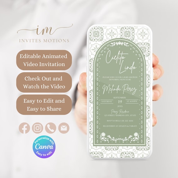 Cielito Lindo Sage Green Baby Shower Invitation, Mexican Talavera Baby Shower Animated Invitation, Papel Picado Baby Shower Video Invite