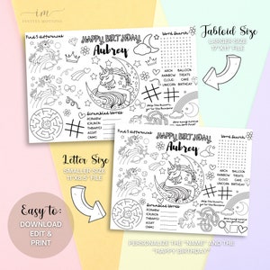 Unicorn Birthday Coloring Placemat Party Games Children Activity ...