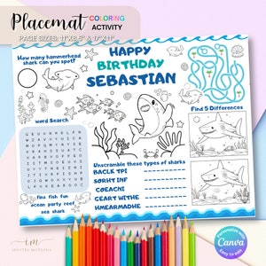 Editable Shark Birthday Coloring Placemat, Sharks Placemats Color Sheet, Whale Shark Printable Party Game, Party Games Children Activity