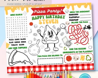Mantel individual para colorear de fiesta de pizza, mantel para fiesta de pizza, hoja para colorear editable de fiesta de pizza, manteles individuales para fiesta de cumpleaños imprimibles