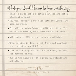 Puede incluir: Una imagen de texto con fondo blanco y texto negro. El texto dice "What you should know before purchasing" seguido de una lista de vi&ntilde;etas. Las vi&ntilde;etas describen los detalles de un producto de descarga digital, incluyendo que es editable, el formato de archivo y el software utilizado para editar el archivo. El texto tambi&eacute;n indica que el producto es para uso personal &uacute;nicamente y que no se ofrecen reembolsos. La imagen tambi&eacute;n incluye el texto "im INVITES MOTIONS".