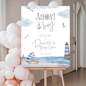 Letrero de bienvenida para baby shower náutico, letrero de bienvenida editable de pequeño marinero, tablero de bienvenida para fiesta de baby shower, póster de bienvenida para baby shower de niño azul