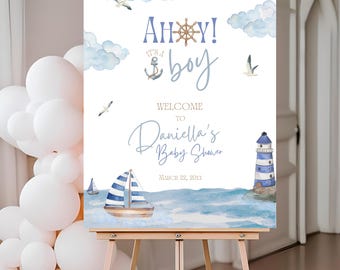 Nautical Baby Shower Welcome Sign, Editable Little Sailor Welcome Sign, Baby Shower Party Welcome Board, Blue Boy Baby Shower Welcome Poster